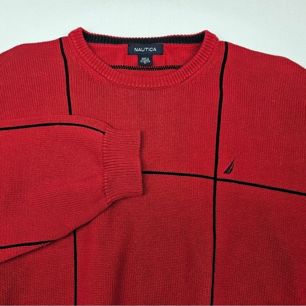Nautica Red Cotton Crew Neck Sweater Menswear Knitwear Pullover‎ Classic Fit